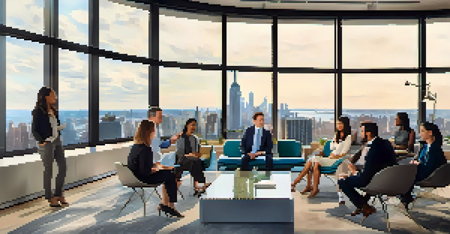 Close-up of diverse professionals in a modern office discussing financial data with a NYC skyline view.