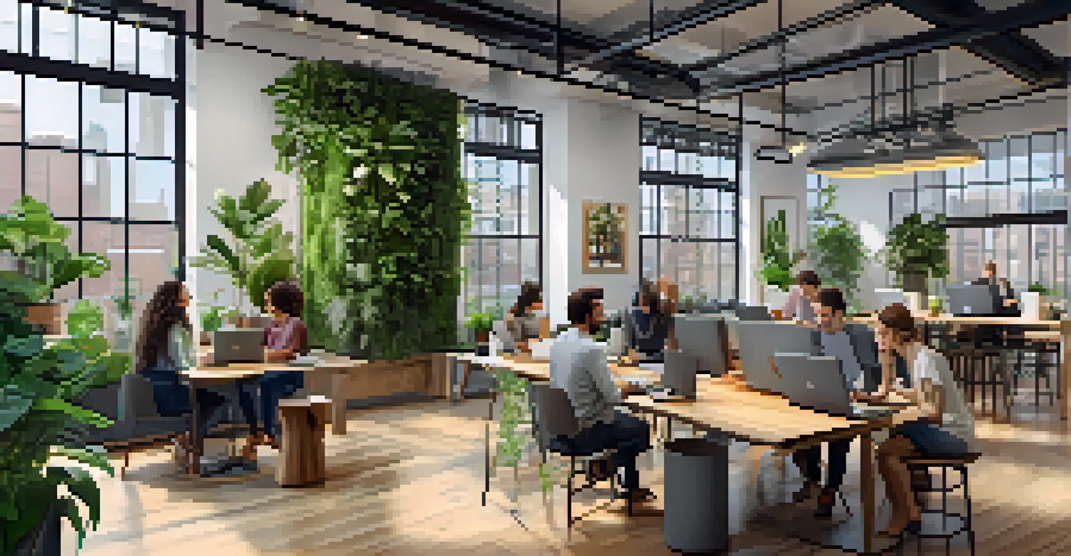 A modern co-working space in New York City filled with diverse people working and collaborating.