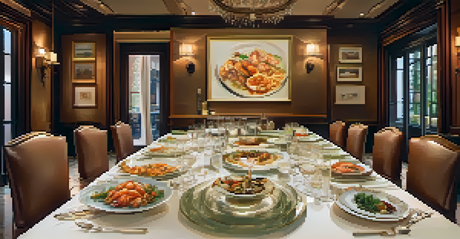 A beautifully set dining table in a high-end restaurant with gourmet dishes and a guide sharing stories with tourists.