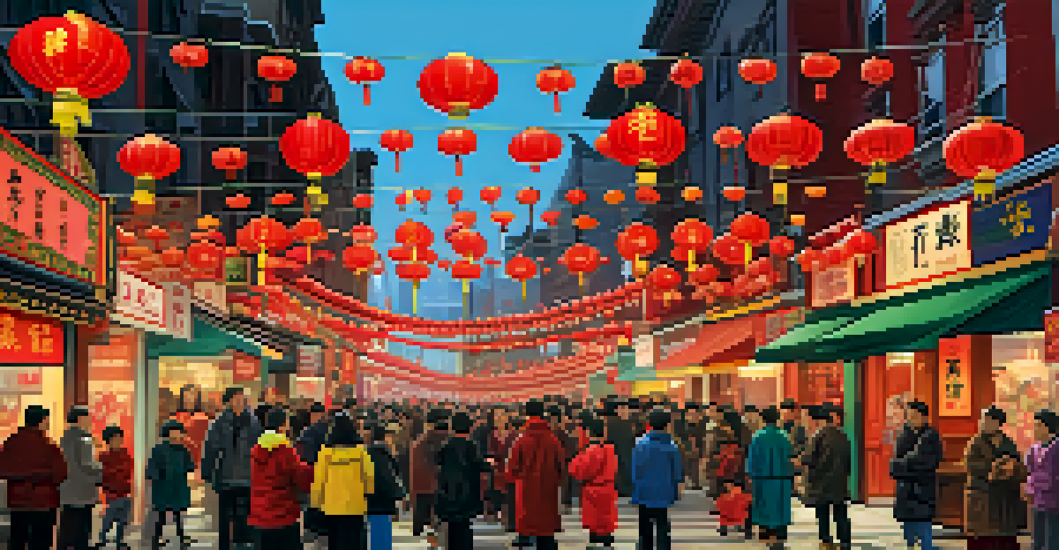 Lunar New Year celebration in Chinatown with a lion dance, red lanterns, and people enjoying dumplings.