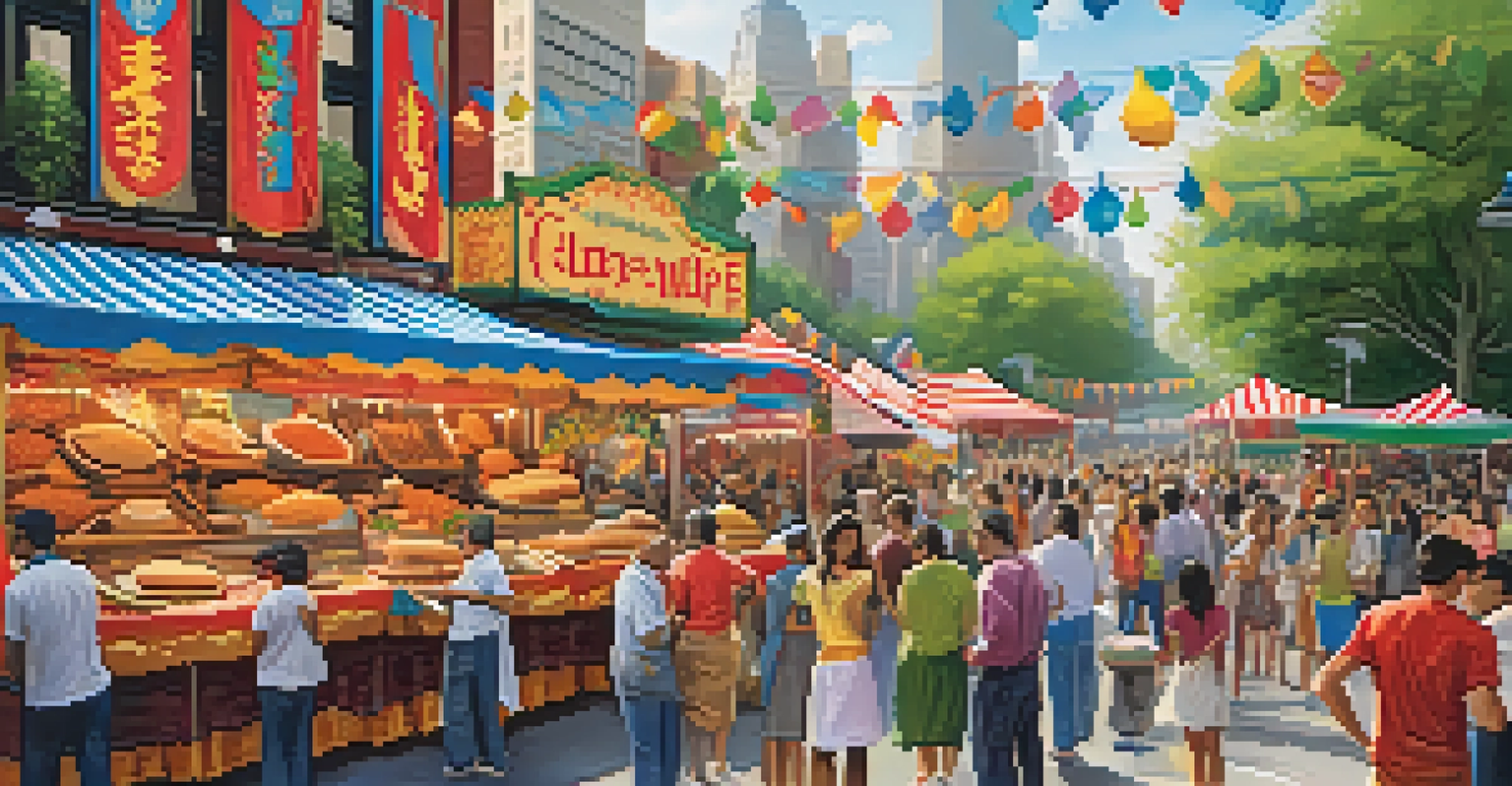 A cultural food festival in New York City with people enjoying various cuisines, colorful decorations, and live music in the background.