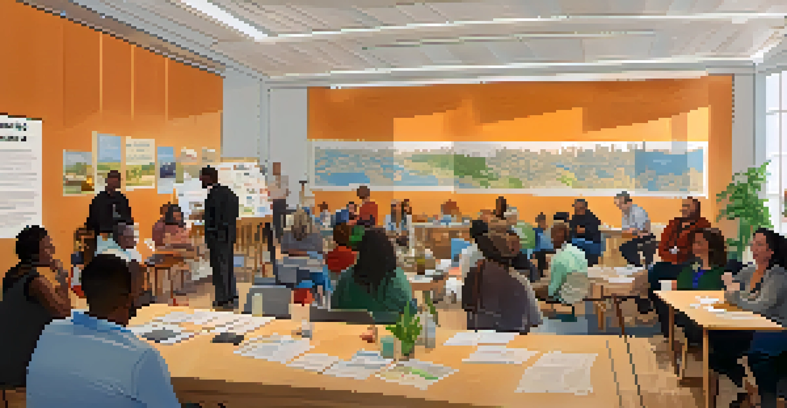 Inside a resilience hub in New York City, community members are gathered, discussing emergency preparedness with resources displayed on tables.