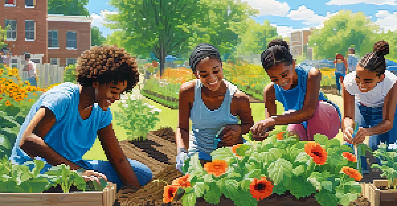 A group of diverse young individuals working together in a community garden, planting flowers and vegetables.
