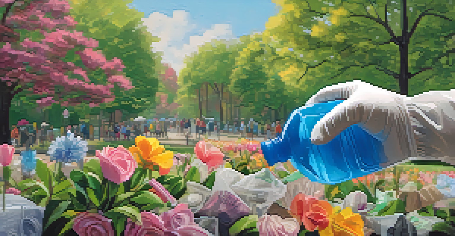 Close-up of a volunteer's hands holding a trash bag and water bottle during a community clean-up in a park.