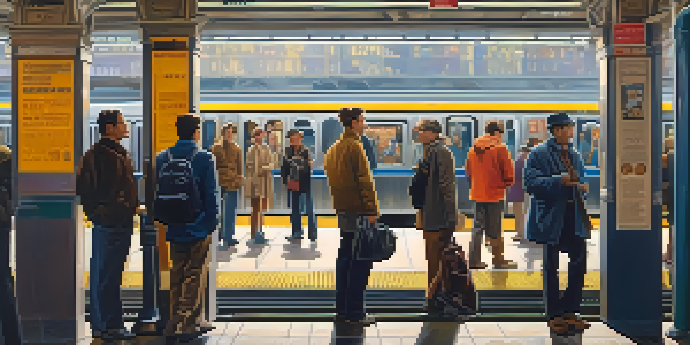 A busy NYC subway station with diverse commuters, colorful advertisements, and warm sunlight filtering through large windows.