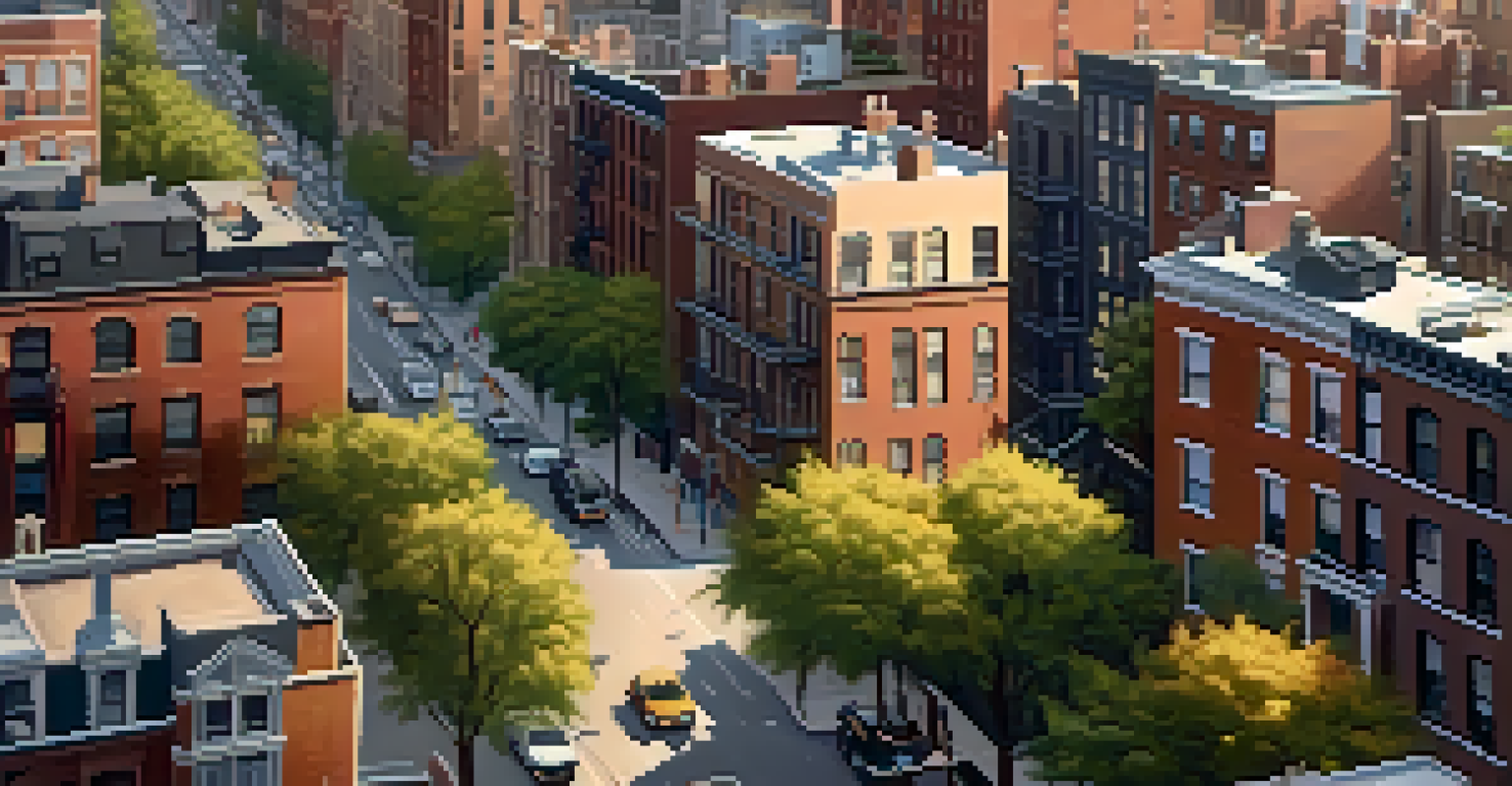 An aerial view of a New York City neighborhood showing a blend of historic and modern buildings with trees and cars.