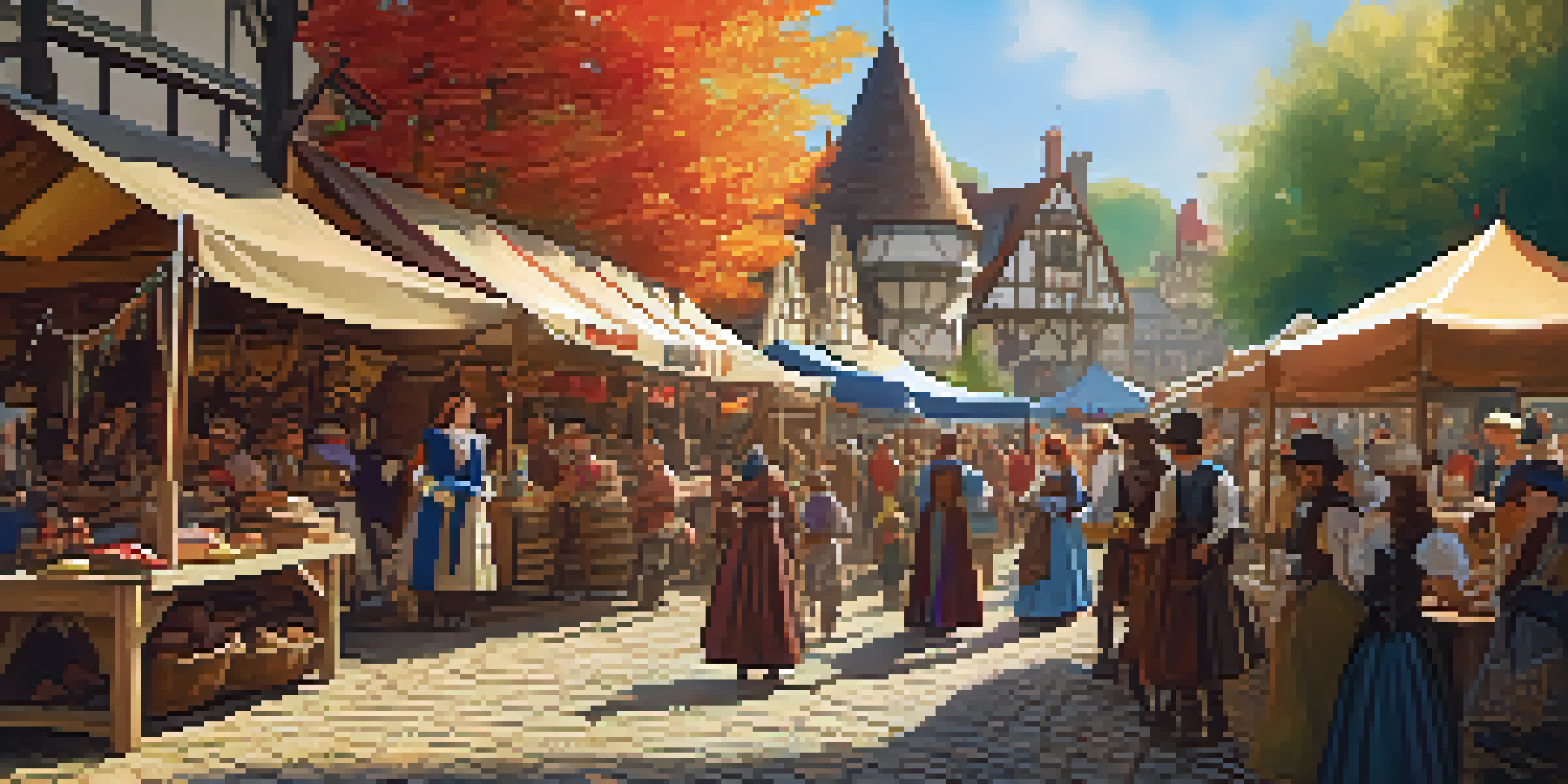 A lively medieval village scene at the New York Renaissance Faire with actors in colorful costumes and children watching jesters perform.