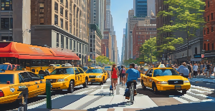 A busy New York City street showing various transportation options such as subways, buses, and bike shares, with people using smartphones.