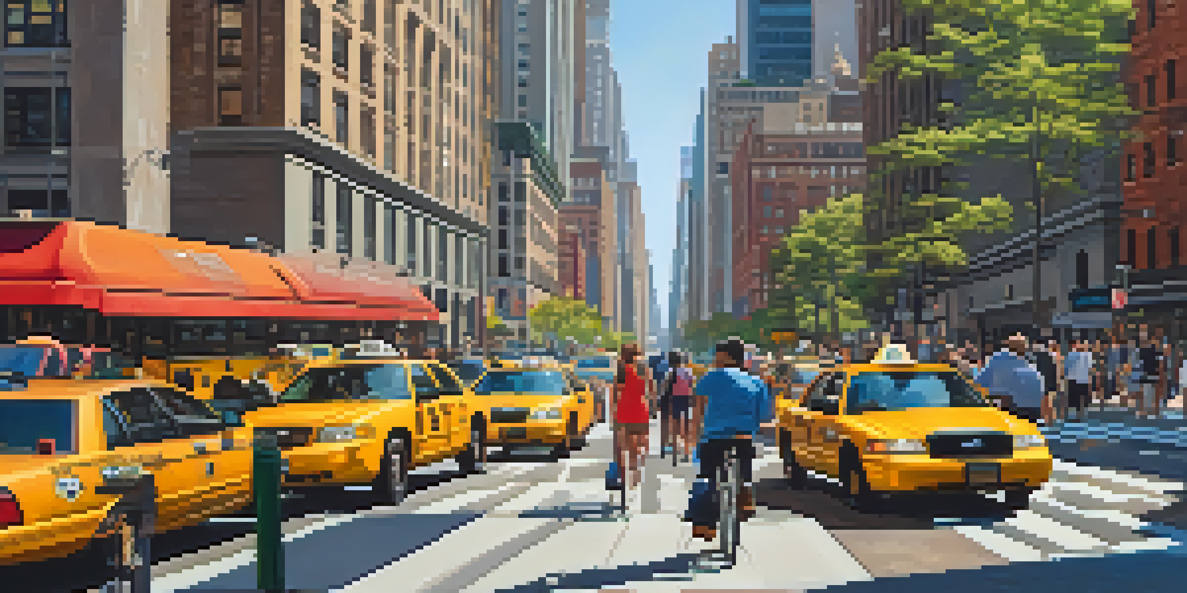 A busy New York City street showing various transportation options such as subways, buses, and bike shares, with people using smartphones.