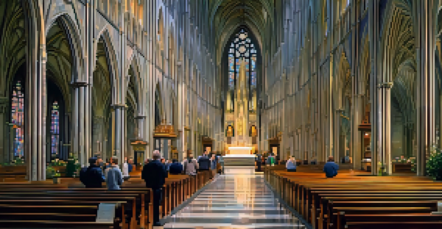 The high altar inside St. Patrick's Cathedral, featuring intricate carvings and soft light from stained glass windows, with visitors in quiet reflection.