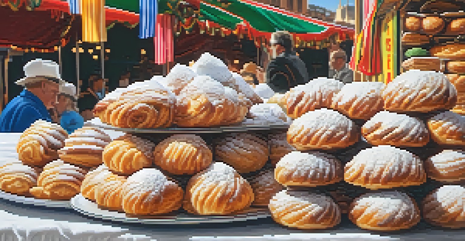 A detailed view of a vendor's stall at the Feast of San Gennaro, displaying a selection of Italian pastries including cannoli and zeppole.