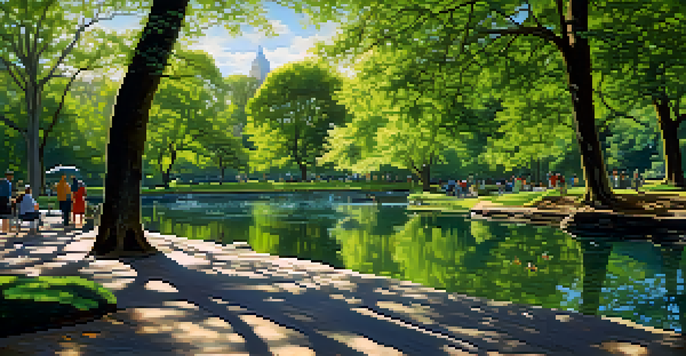 A picturesque view of Central Park featuring green trees, a pond, and birds, with sunlight creating shadows on the ground.