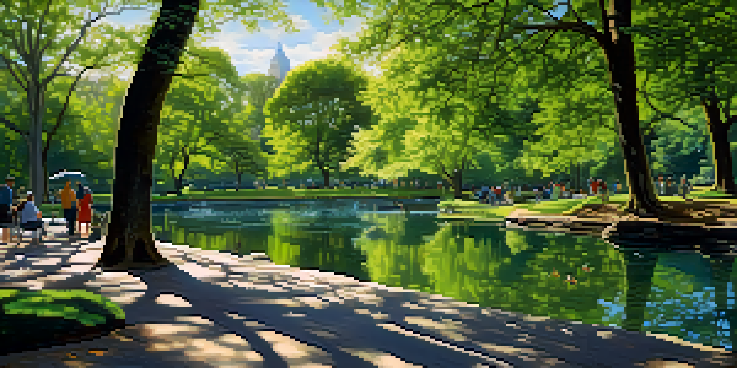 A picturesque view of Central Park featuring green trees, a pond, and birds, with sunlight creating shadows on the ground.
