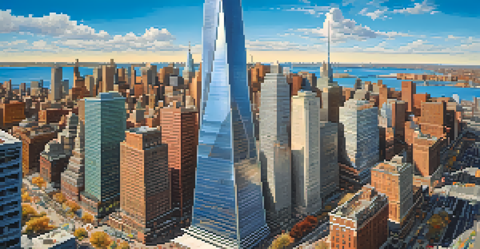 A depiction of One World Trade Center with diverse people working together in the foreground, symbolizing resilience.