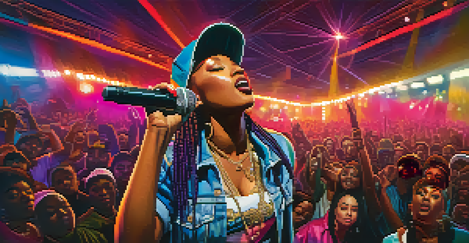A female hip-hop artist performing on stage with a microphone, surrounded by colorful lights and an excited audience.