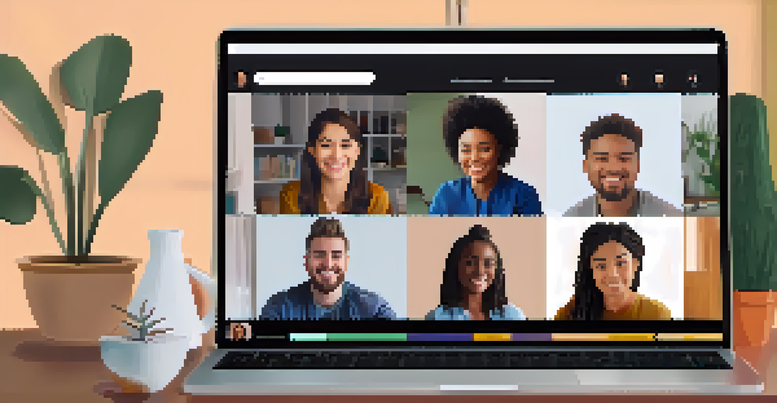 A computer screen showing a virtual support group meeting with individuals in a grid layout discussing mental health.