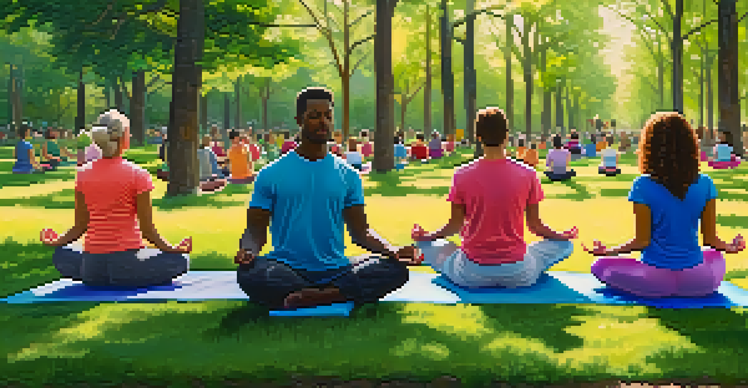 Parents doing yoga in a sunny park, surrounded by trees and flowers, with an instructor leading the class.