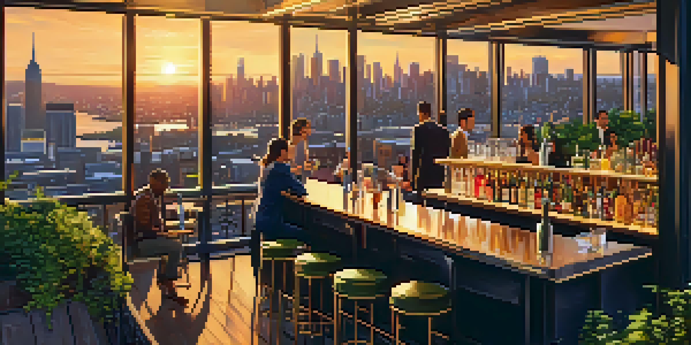 A rooftop bar in New York City at sunset, with people enjoying drinks and a stunning skyline view.
