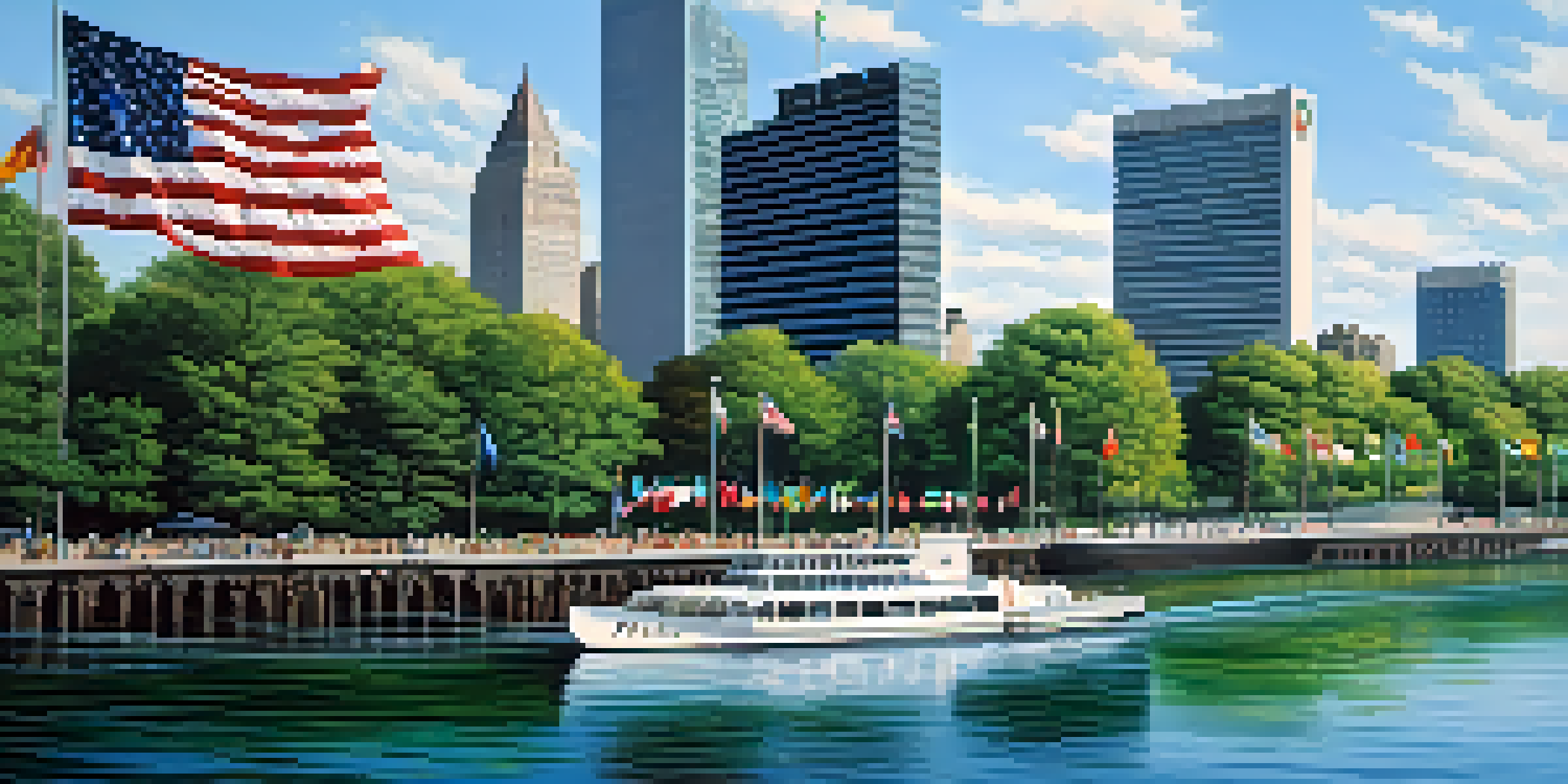 Panoramic view of the United Nations Headquarters with flags from various countries and the East River in the foreground.