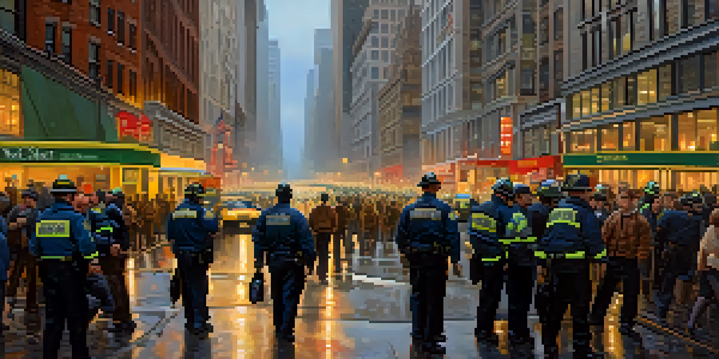 A busy NYC street showing emergency responders interacting with diverse citizens during a crisis, with overcast skies and glowing streetlights.