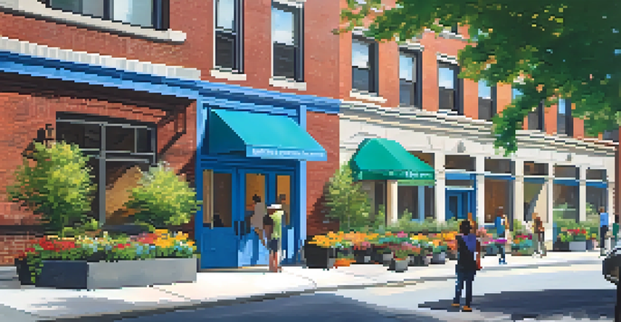 A community mental health center with a welcoming entrance and diverse people conversing outside, surrounded by greenery and flowers.