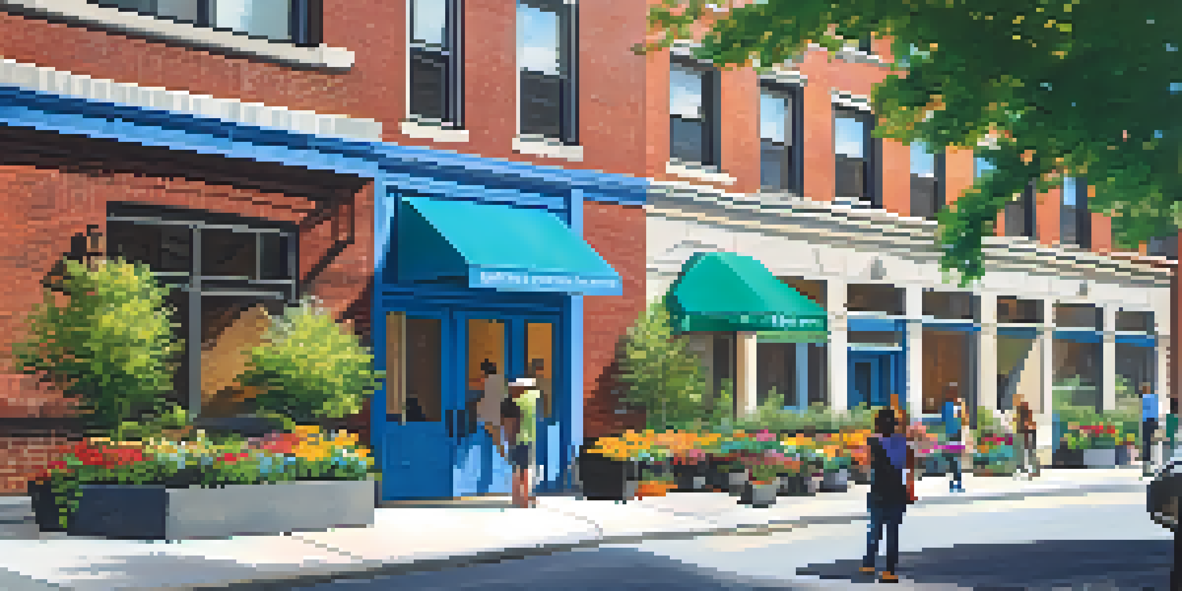 A community mental health center with a welcoming entrance and diverse people conversing outside, surrounded by greenery and flowers.