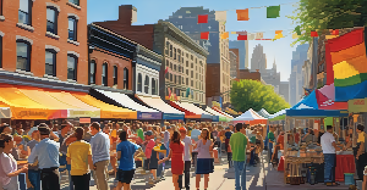 A lively street fair in NYC with volunteers setting up colorful booths and attendees enjoying the festivities.