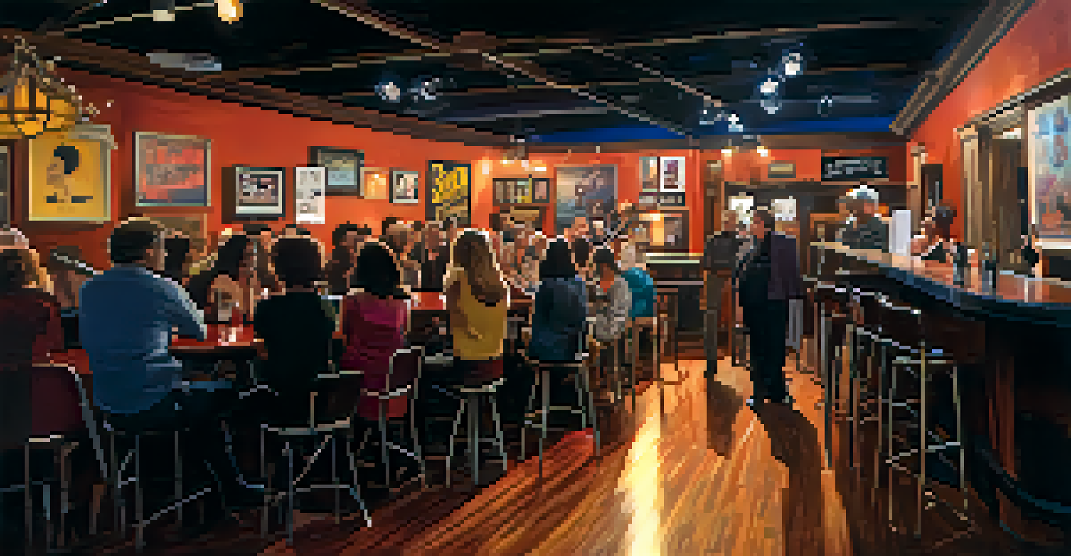 A singer-songwriter performs on stage in a small venue, with an attentive audience and memorabilia on the walls.