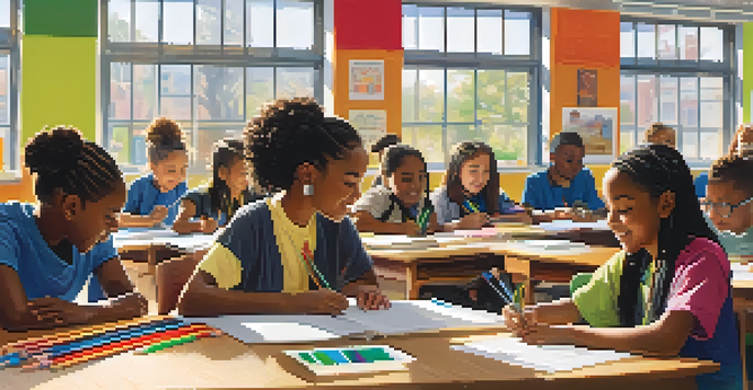 A diverse group of students collaboratively working on a project in a bright, colorful classroom with educational materials and a supportive teacher.