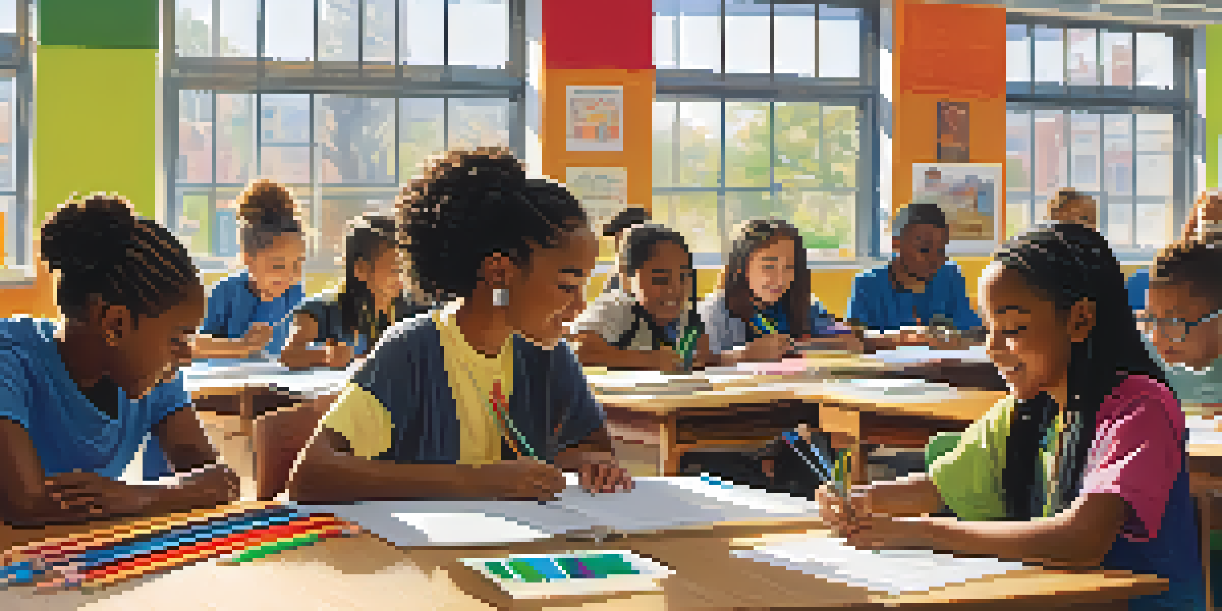 A diverse group of students collaboratively working on a project in a bright, colorful classroom with educational materials and a supportive teacher.