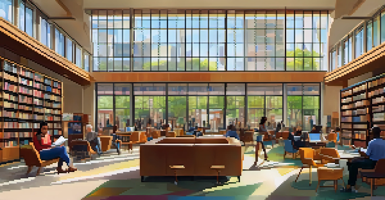 Interior of a Brooklyn Public Library branch, showcasing patrons reading and using computers in a vibrant, Art Deco designed space.