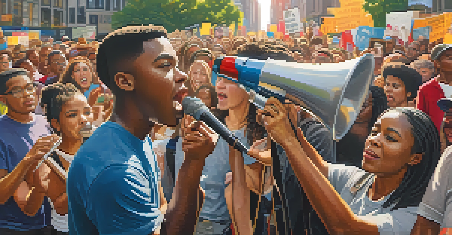 A young activist passionately speaking into a megaphone at a rally in New York City, surrounded by an engaged crowd holding signs for racial equality, illuminated by warm golden hour light.
