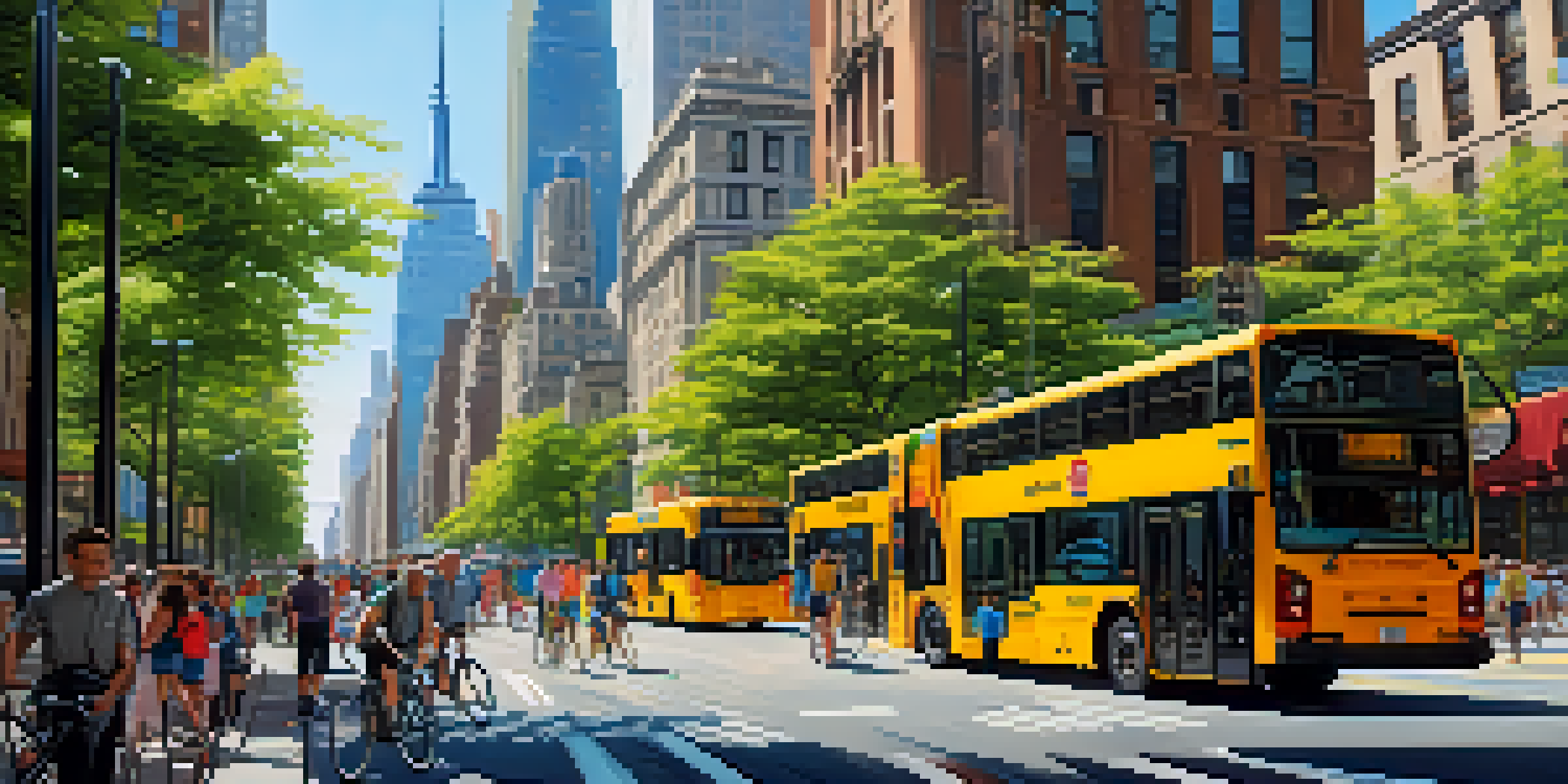 A lively New York City street filled with electric buses, cyclists, and pedestrians, with skyscrapers and greenery in the background.