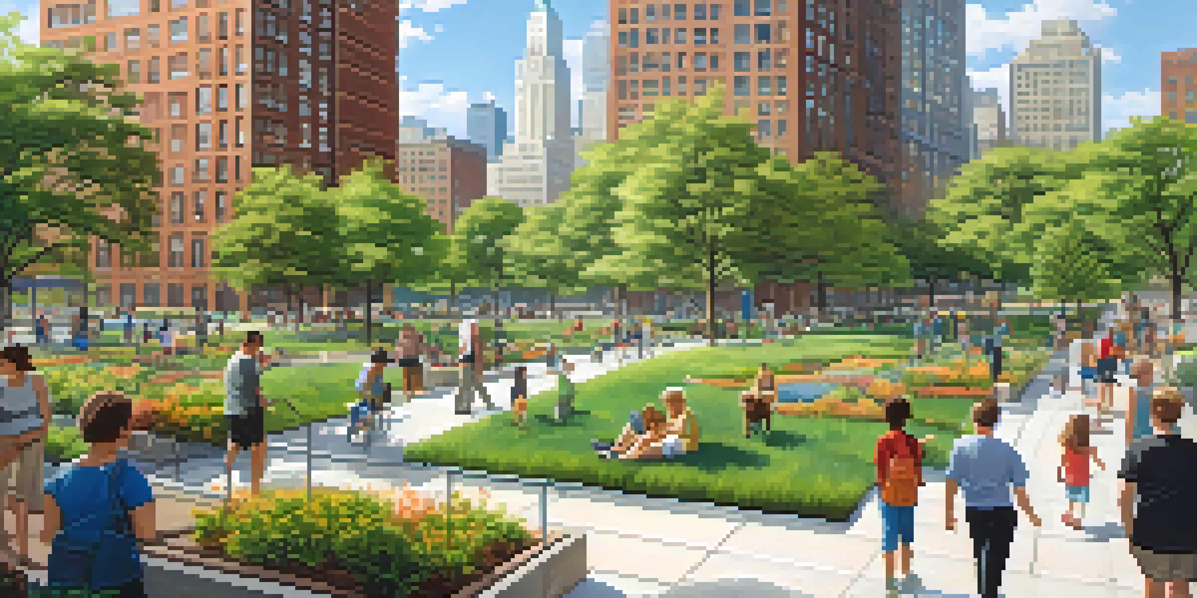 A bustling New York City with a mix of skyscrapers and green spaces, featuring people enjoying the outdoors on a sunny day.