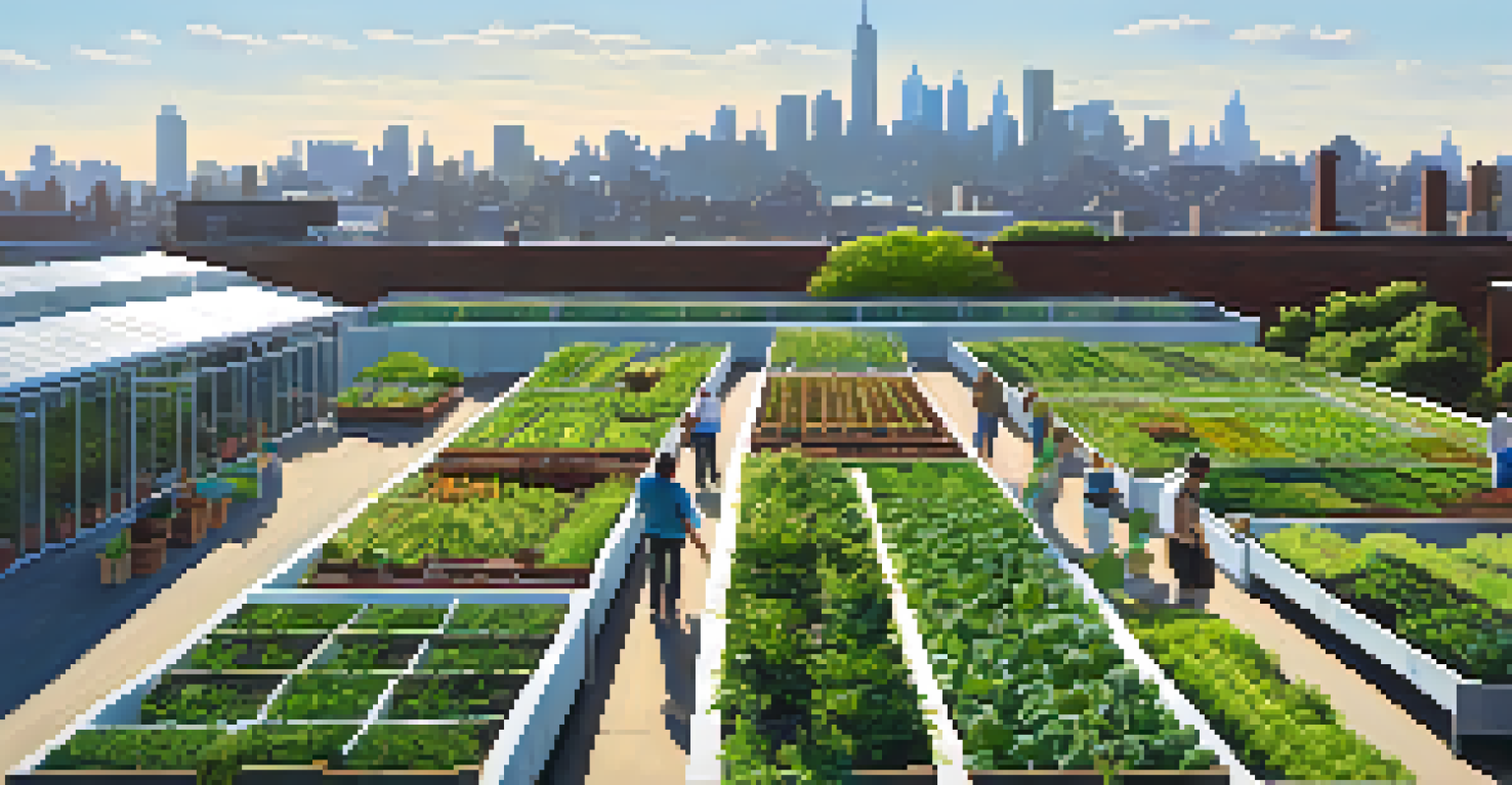An aerial view of a rooftop farm with rows of vegetables and herbs set against the skyline of New York City.