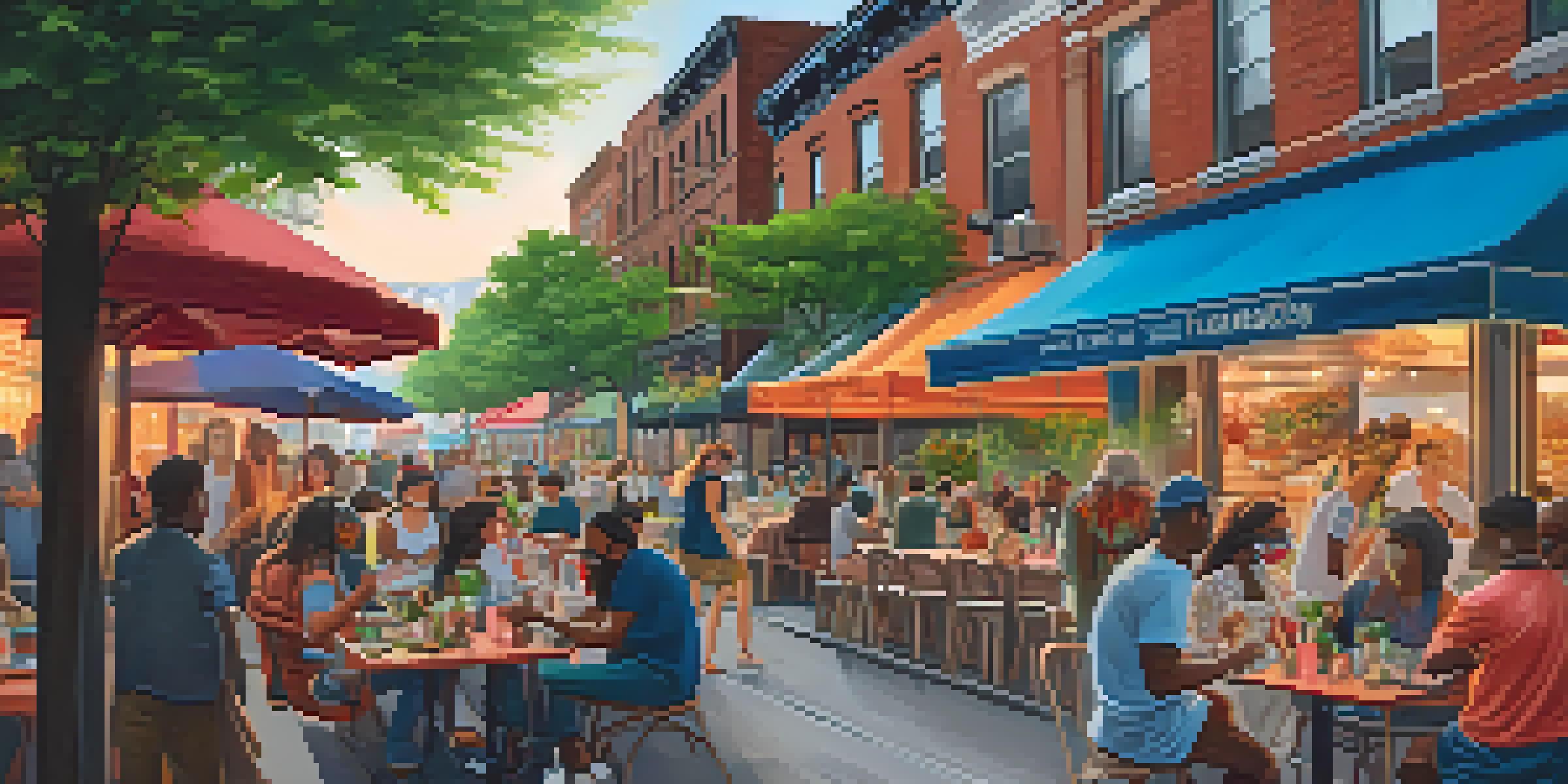 A lively outdoor dining scene in New York City during the pandemic, with people wearing masks, colorful tables, and plants.