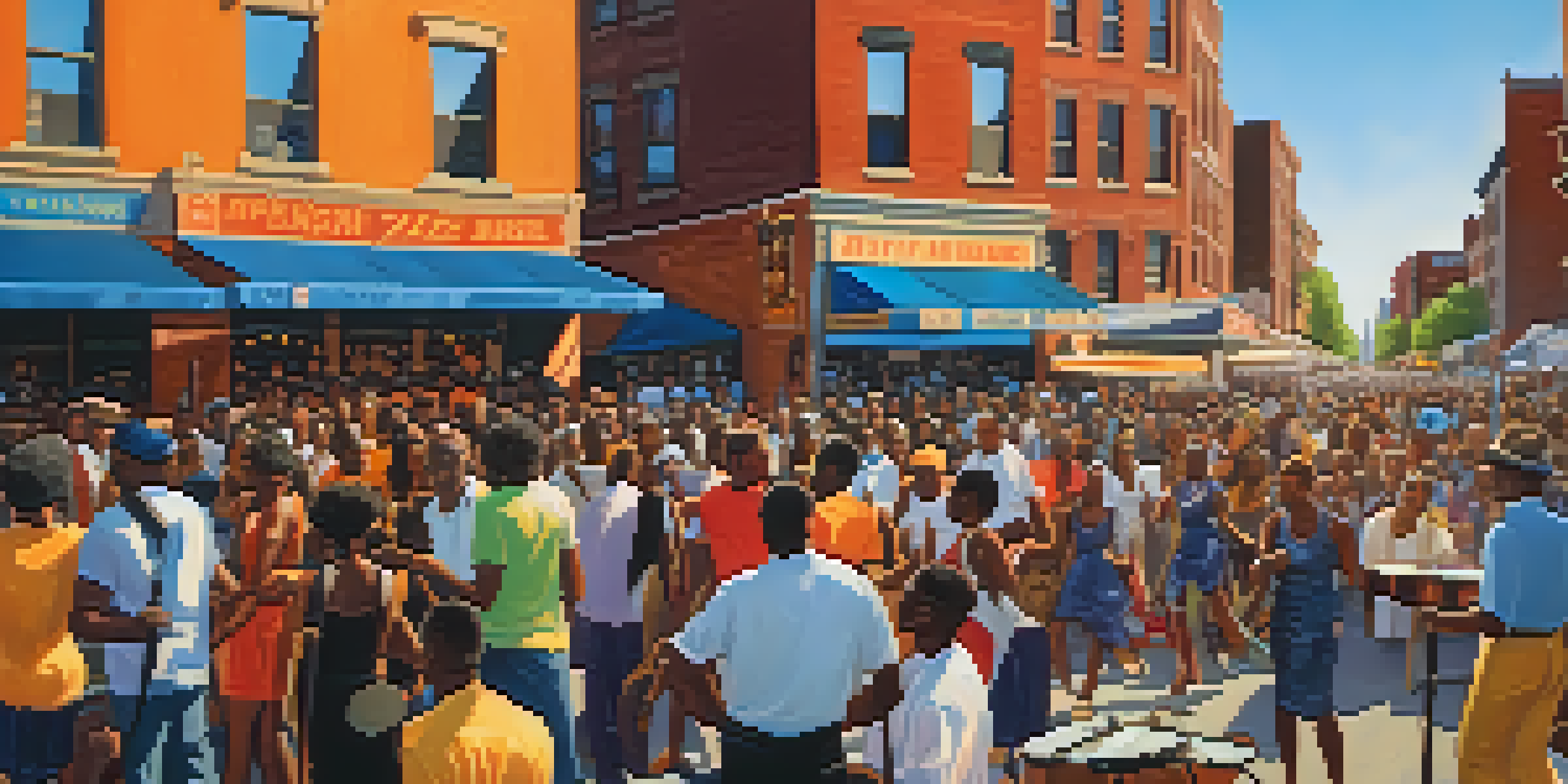 A lively street festival in Harlem featuring musicians on stage and a diverse crowd dancing as the sun sets.