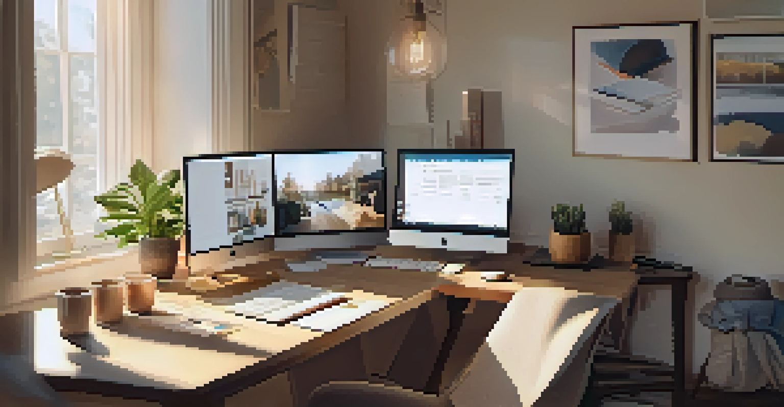 A person working from home at a cozy desk with personal items, engaged in a virtual meeting.