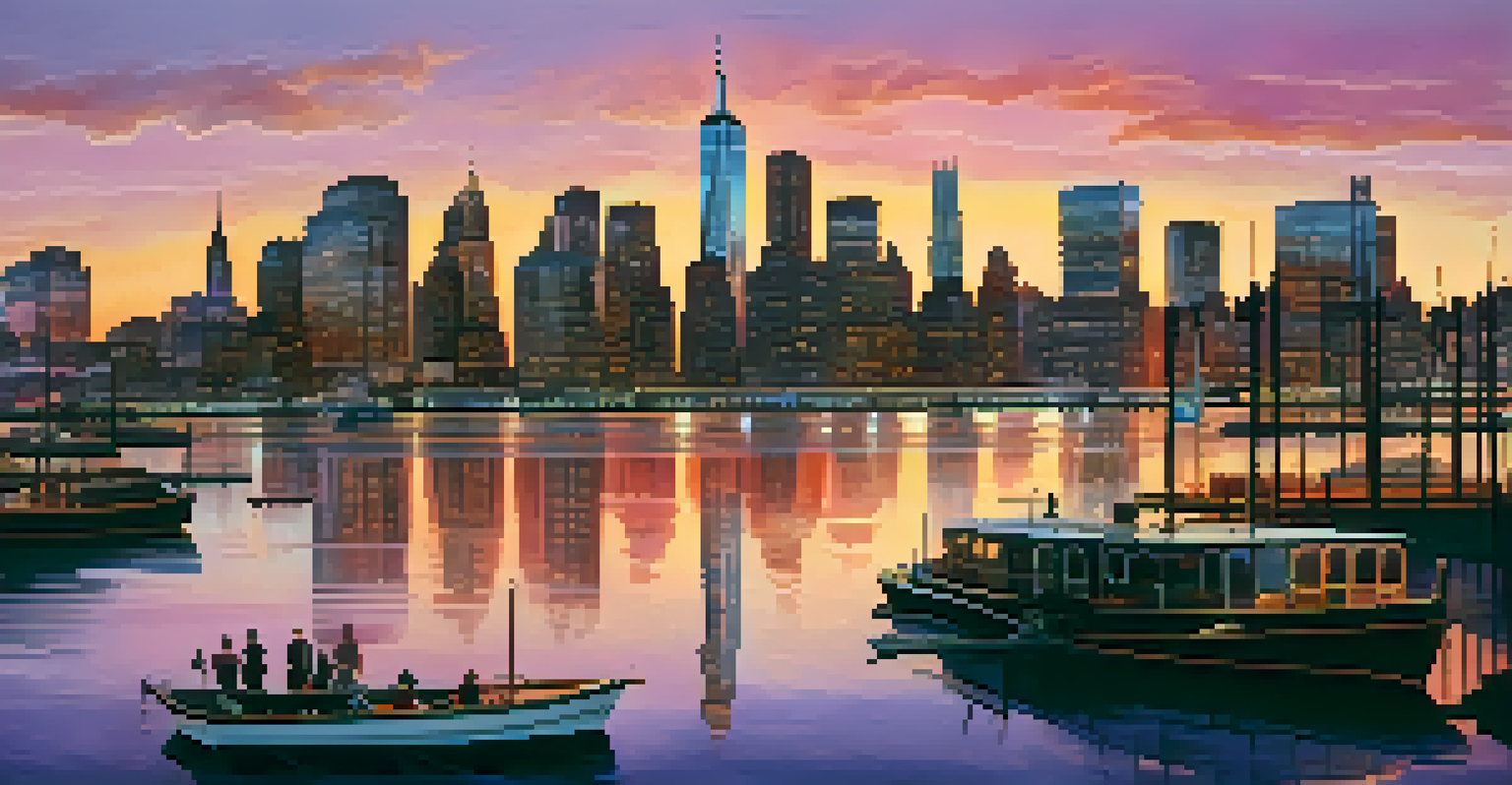 A panoramic view of the New York City skyline during sunset, with colorful skies and a calm river in the foreground.