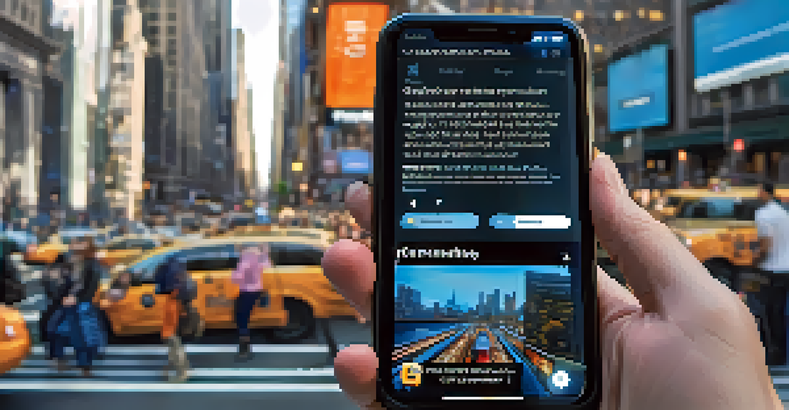 A smartphone displaying a Twitter feed with important updates during an emergency, set against a blurred NYC landmark background.