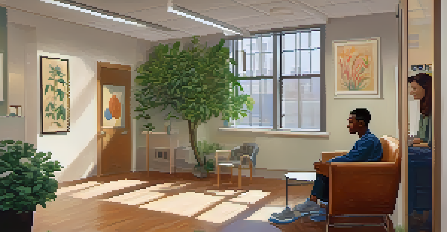 A welcoming interior of a mental health clinic, featuring a healthcare provider and a patient in a comfortable setting with plants and diverse artwork.