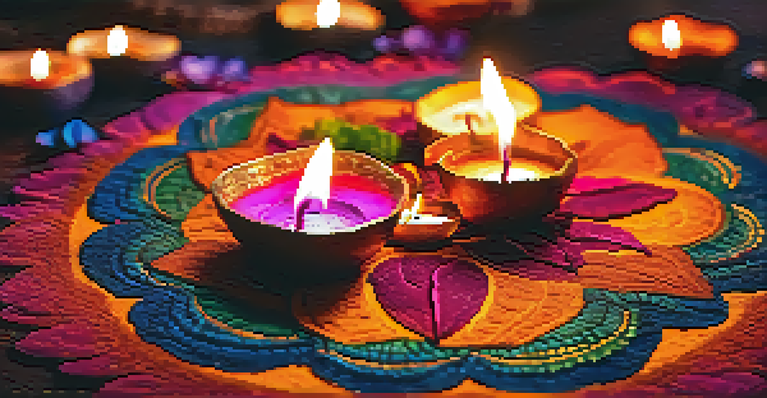 A close-up of diyas and colorful rangoli, showcasing the warmth and beauty of the Diwali Festival.