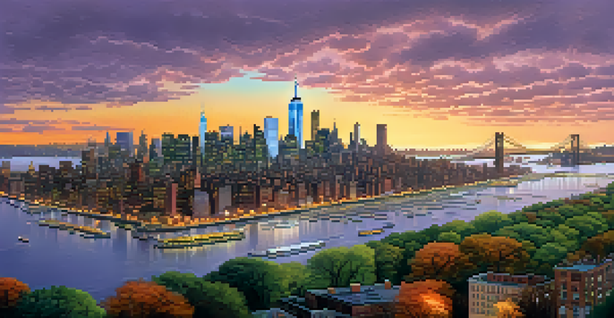 A sunset over New York City's waterfront, highlighting skyscrapers and a lively park in the foreground.