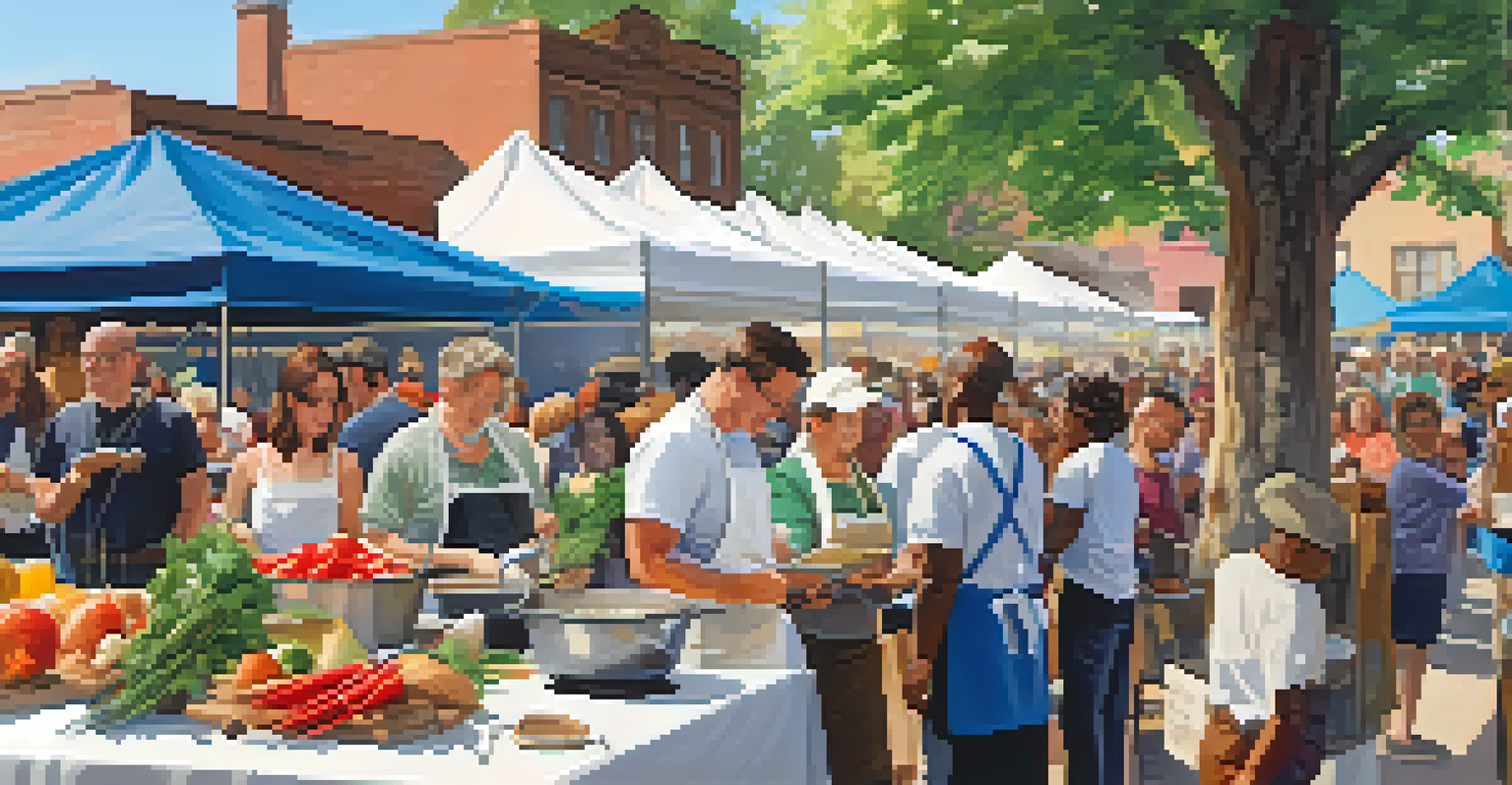 A cooking demonstration at a farmers' market, with a chef showcasing fresh ingredients and an engaged audience.