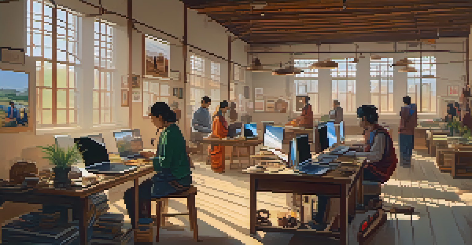 A workspace where community members document cultural heritage using technology, surrounded by traditional crafts and cultural items.