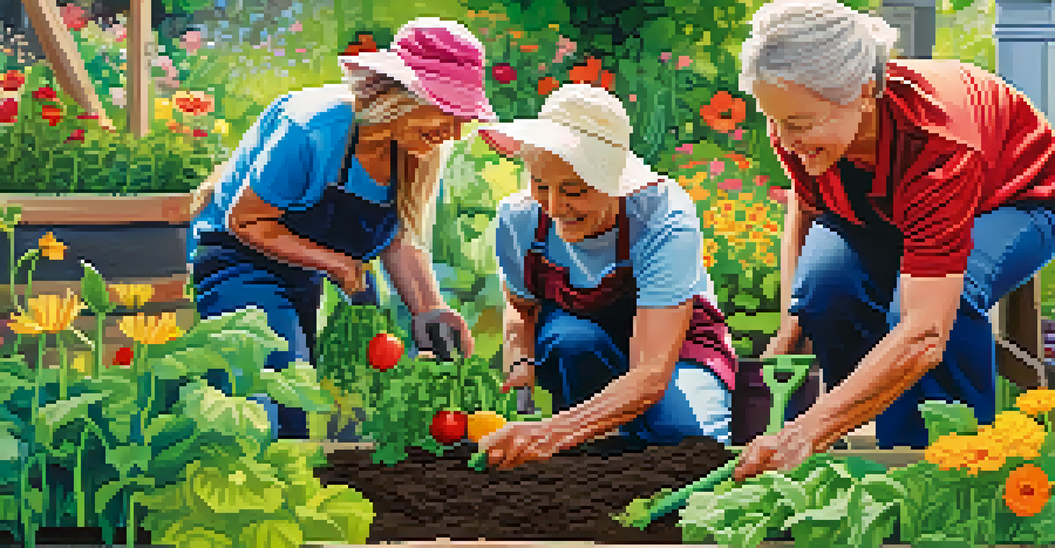 Residents of various ages planting in a community garden filled with vibrant vegetables and flowers, enjoying collaborative gardening.