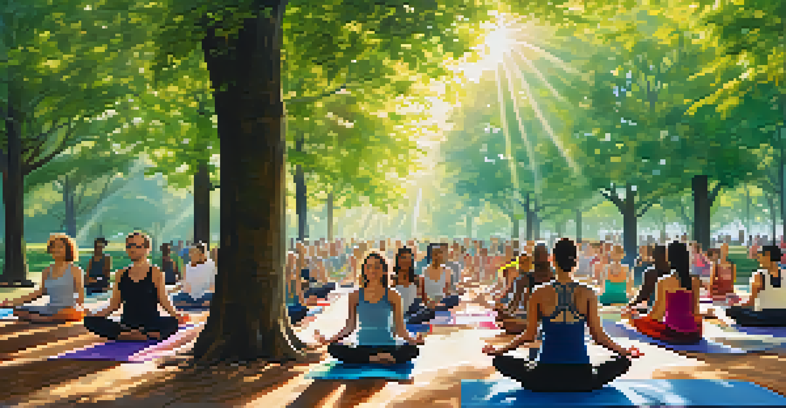 A lively outdoor yoga class in a NYC park, showcasing participants in yoga poses amidst greenery and sunlight, representing wellness and community engagement.