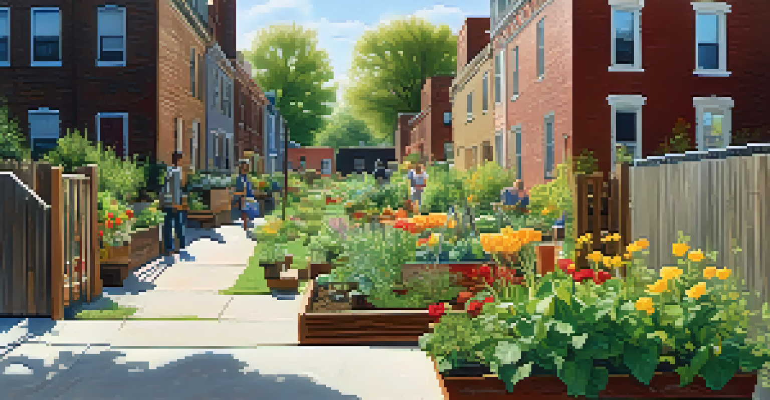 A community garden in a lower-income NYC neighborhood with residents gardening, showcasing diversity and resilience.