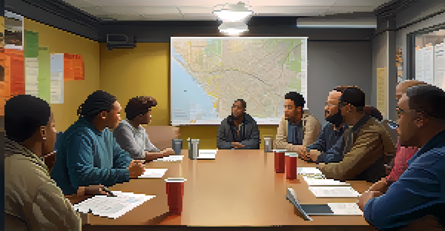 A diverse group of residents in a community meeting discussing public transportation challenges, with a map of the subway system displayed on the wall.