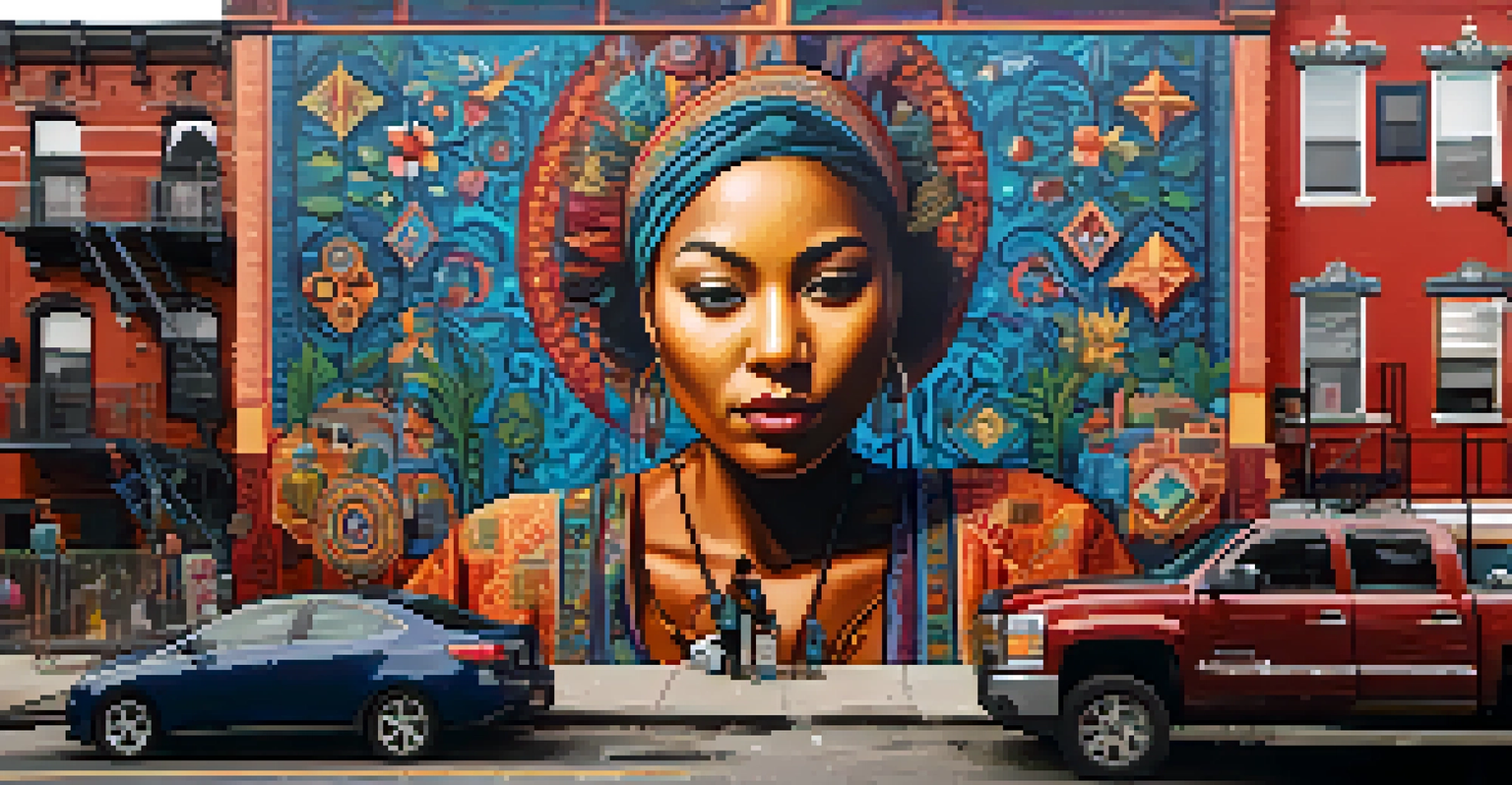 A detailed mural in Bushwick, NYC, representing immigrant stories, with an artist painting and people admiring the art.